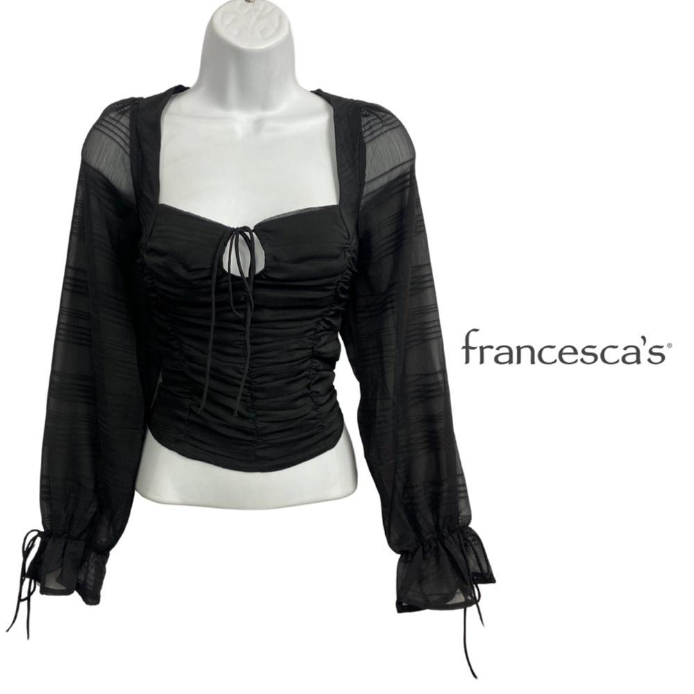 Francesca’s Audrey Parks Ruched Sheer Long Sleeve Square Neck Blouse Black - M